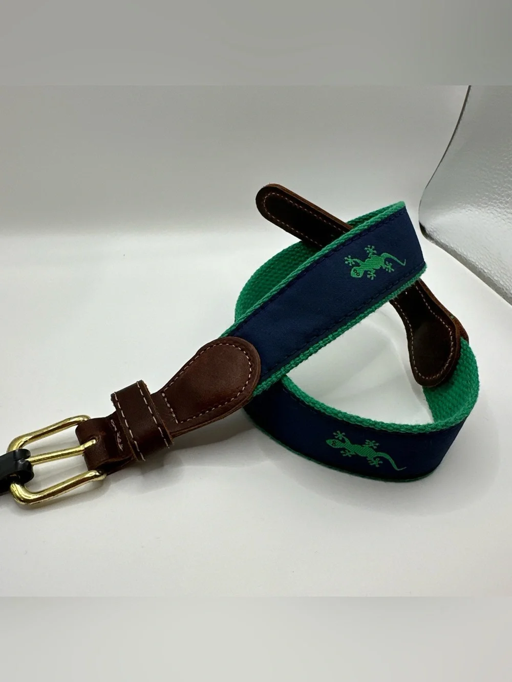 Preston Leather Gecko Navy Belt Solid Brass Buckle Kids Size 20 Made in USA